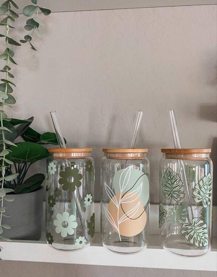 Drinking Glasses with Bamboo Lids and Glass Straw