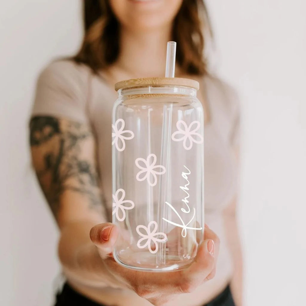 Personalised Name on Drinking Glasses with Bamboo Lids and Glass Straw