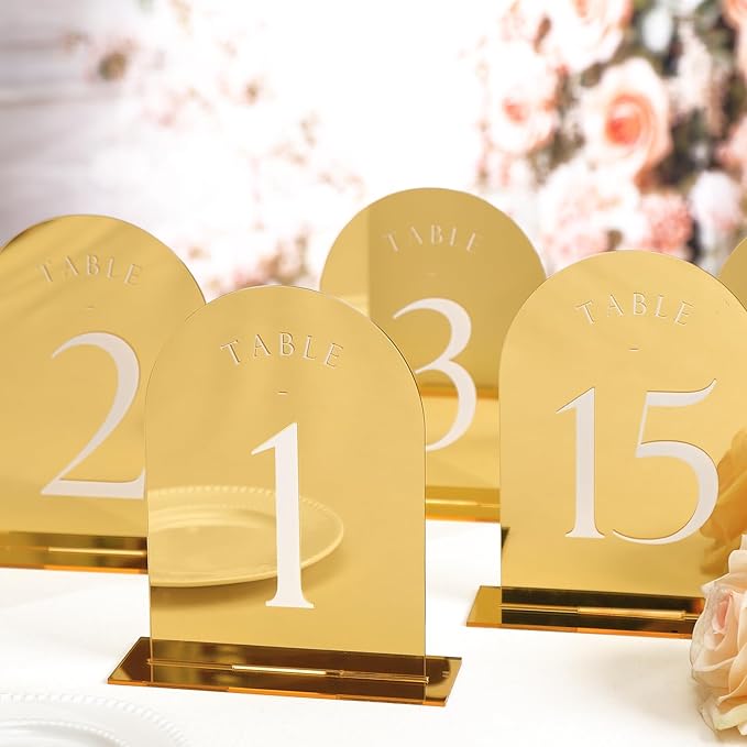 Gold Mirror Arch Wedding Table Numbers with Stands