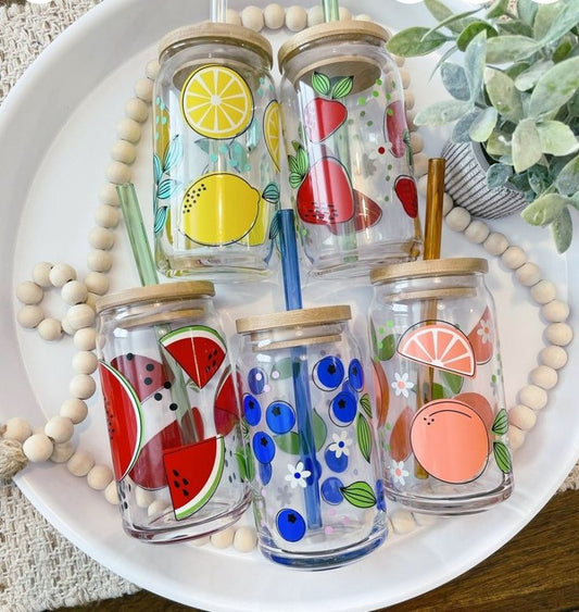 Fruity Drinking Glasses with Bamboo Lids and Glass Straw