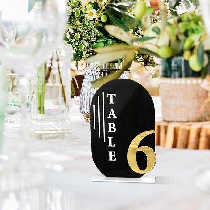 Black Arch Wedding Table Numbers with Stands Gold Text