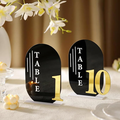 Black Arch Wedding Table Numbers with Stands Gold Text