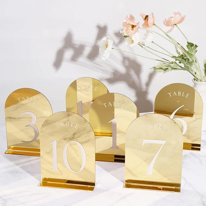 Gold Mirror Arch Wedding Table Numbers with Stands