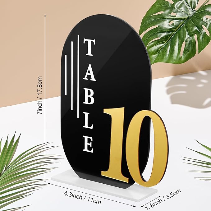 Black Arch Wedding Table Numbers with Stands Gold Text