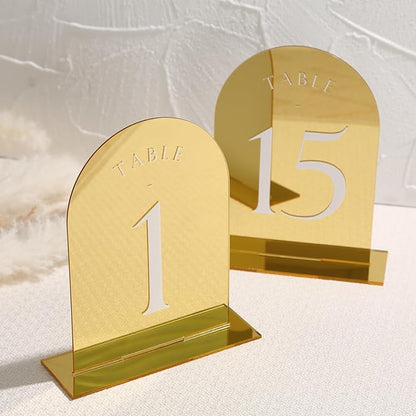 Gold Mirror Arch Wedding Table Numbers with Stands