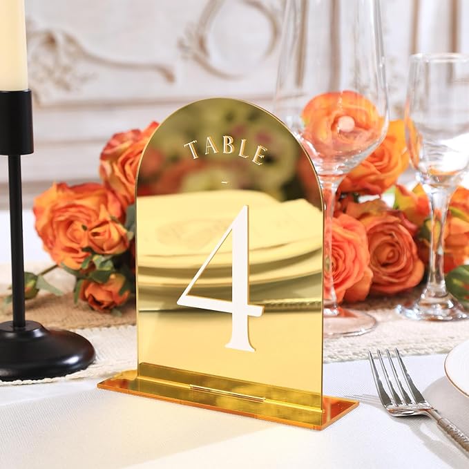 Gold Mirror Arch Wedding Table Numbers with Stands