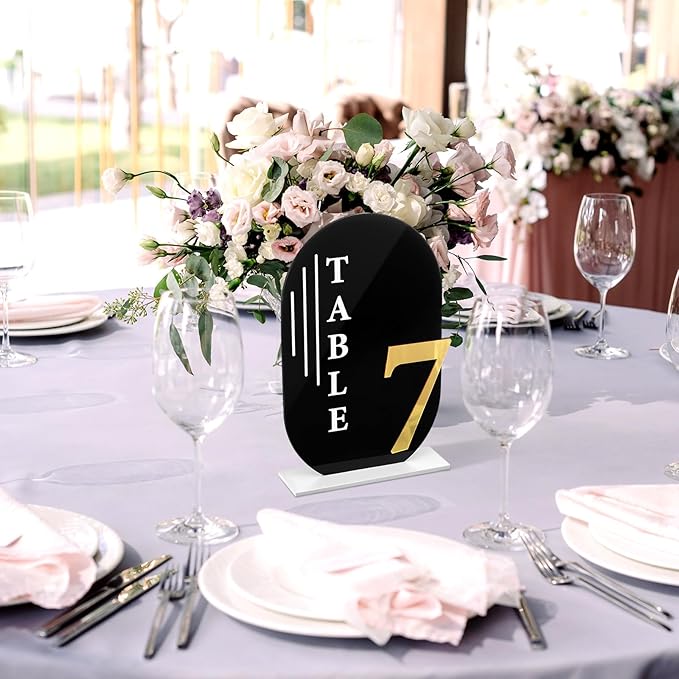 Black Arch Wedding Table Numbers with Stands Gold Text