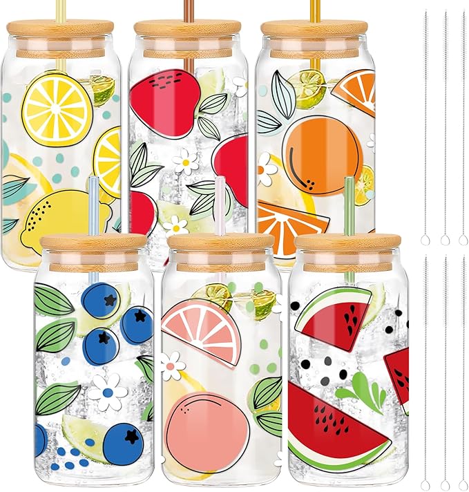 Fruity Drinking Glasses with Bamboo Lids and Glass Straw