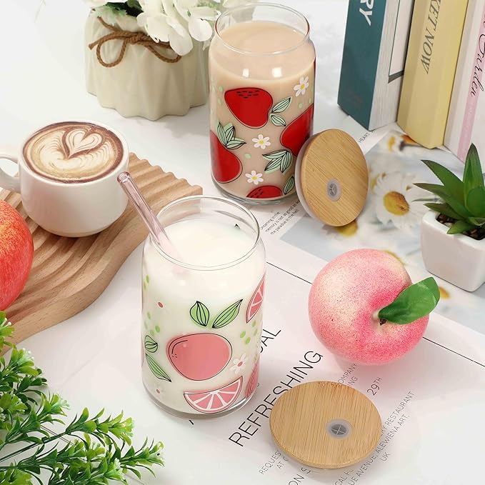 Fruity Drinking Glasses with Bamboo Lids and Glass Straw