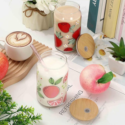 Fruity Drinking Glasses with Bamboo Lids and Glass Straw