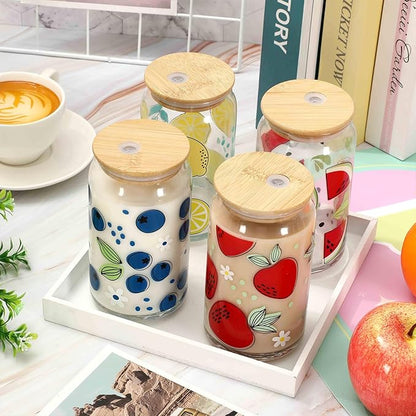 Fruity Drinking Glasses with Bamboo Lids and Glass Straw