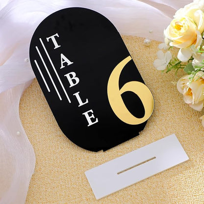 Black Arch Wedding Table Numbers with Stands Gold Text