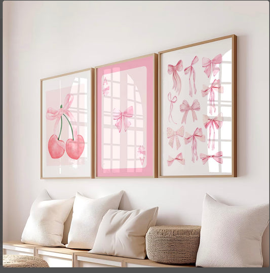 Trendy Pink Bows Wall Art Set of 3