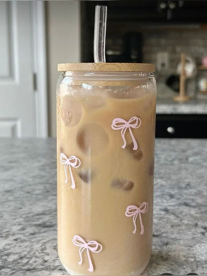 Bows on Drinking Glasses with Bamboo Lid and Glass Straw with