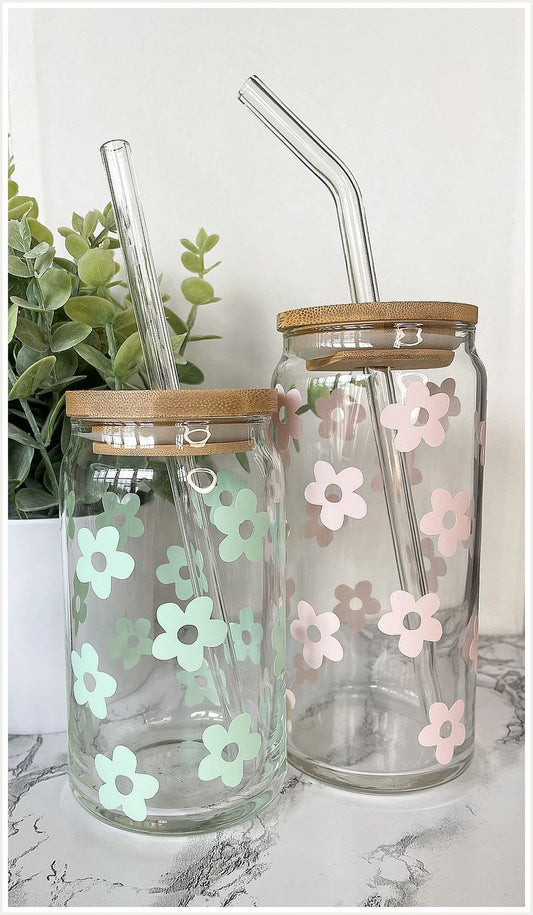 Floral Drinking Glasses with Bamboo Lid and Glass Straw