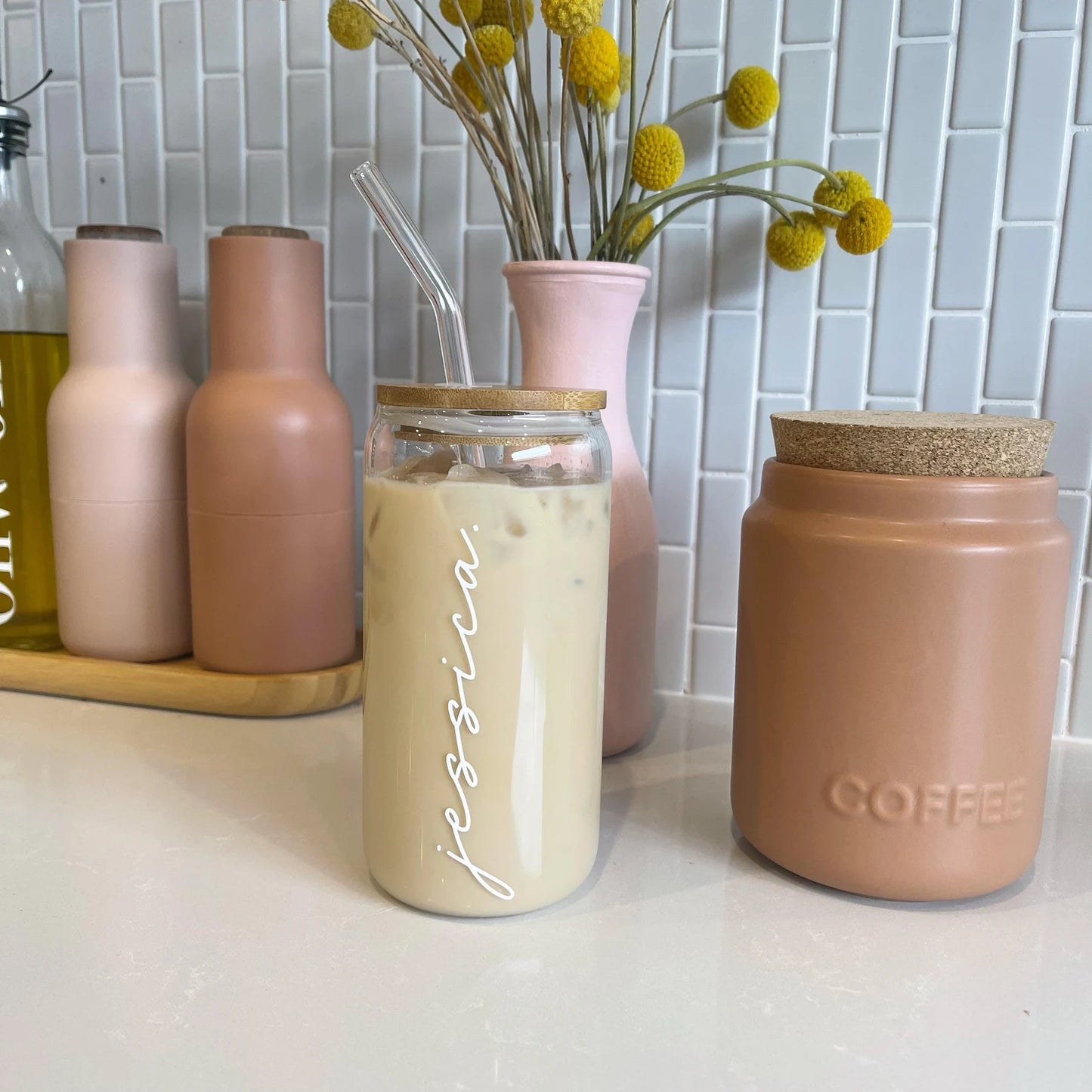 Personalised iced coffee cup with lid and straw