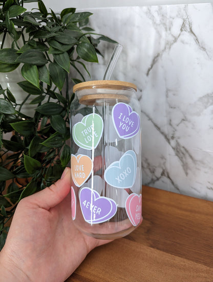 Pastel and white heart candy 16oz glass can cup