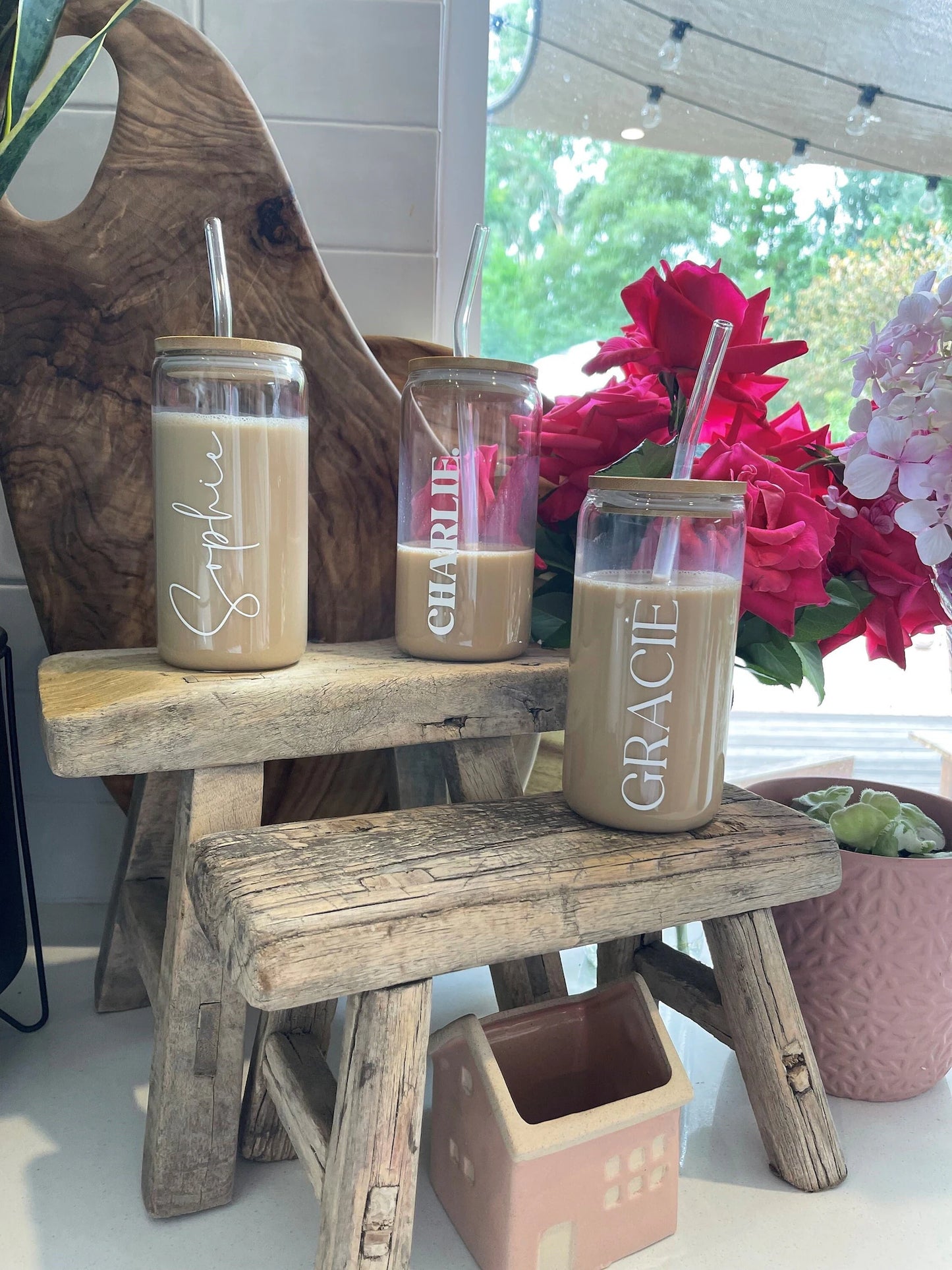 Personalised iced coffee cup with lid and straw