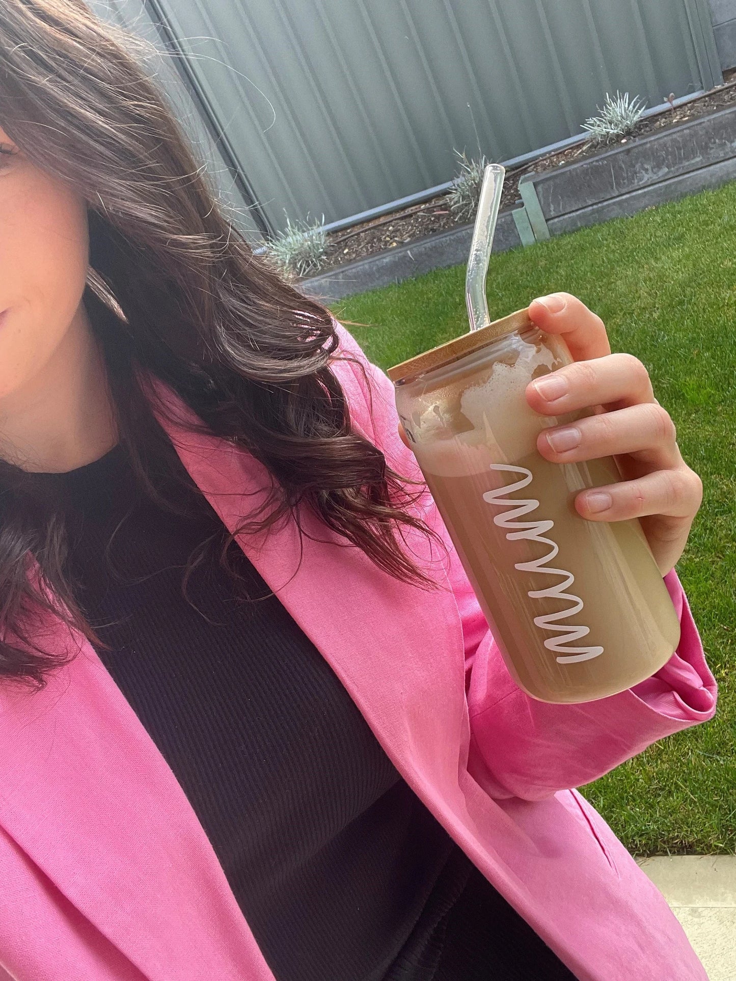 Personalised iced coffee cup with lid and straw