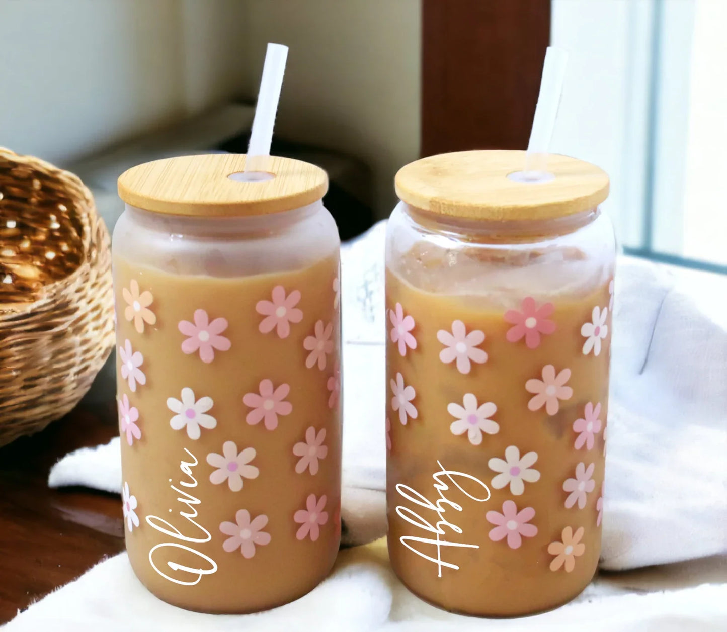 Personalised Name on Drinking Glasses with Bamboo Lids and Glass Straw