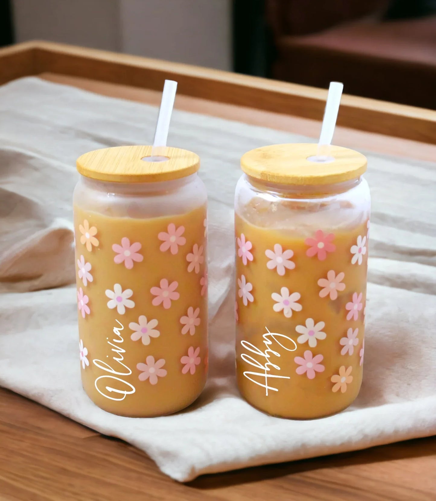 Personalised Name on Drinking Glasses with Bamboo Lids and Glass Straw