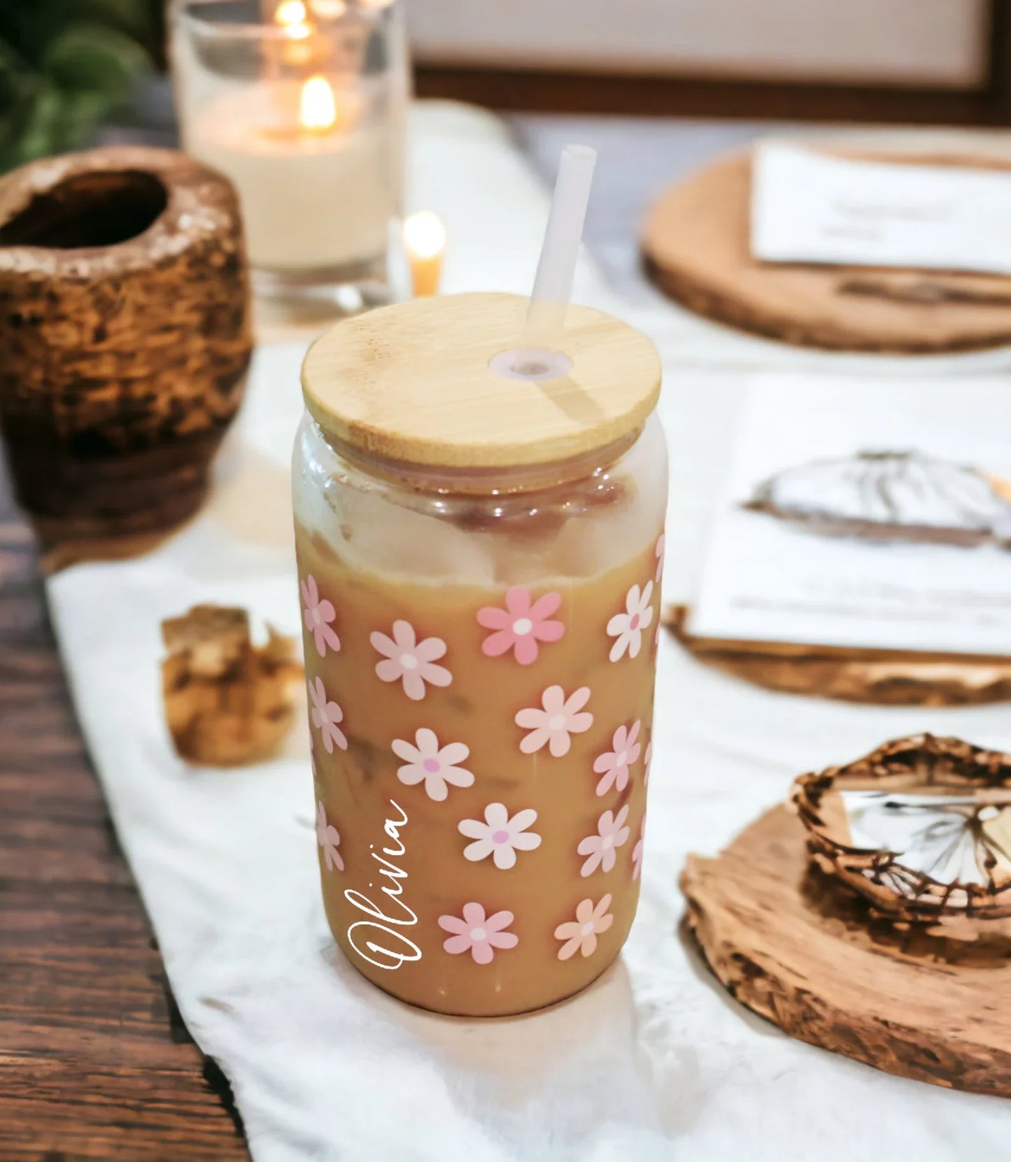 Personalised Name on Drinking Glasses with Bamboo Lids and Glass Straw