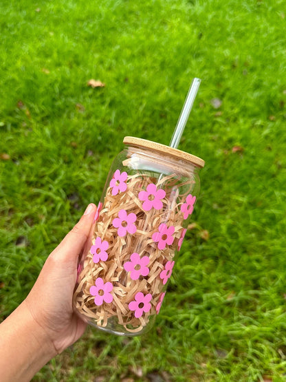 Floral Drinking Glasses with Bamboo Lid and Glass Straw