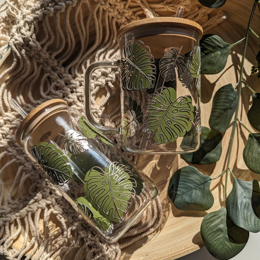 Olive green and champagne gold Monstera leaf glass mug