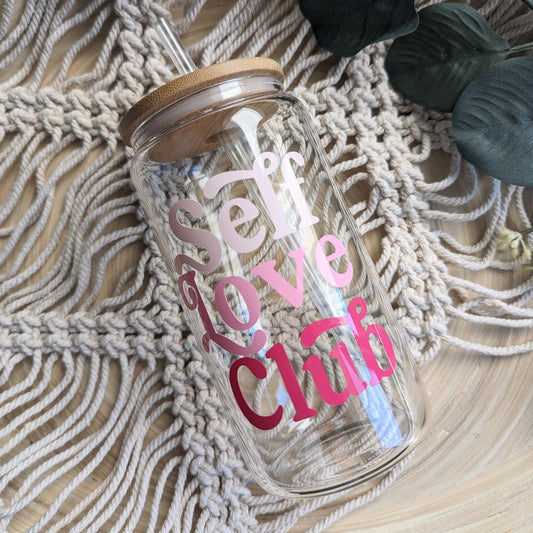 Pink self love club 16oz glass can cup