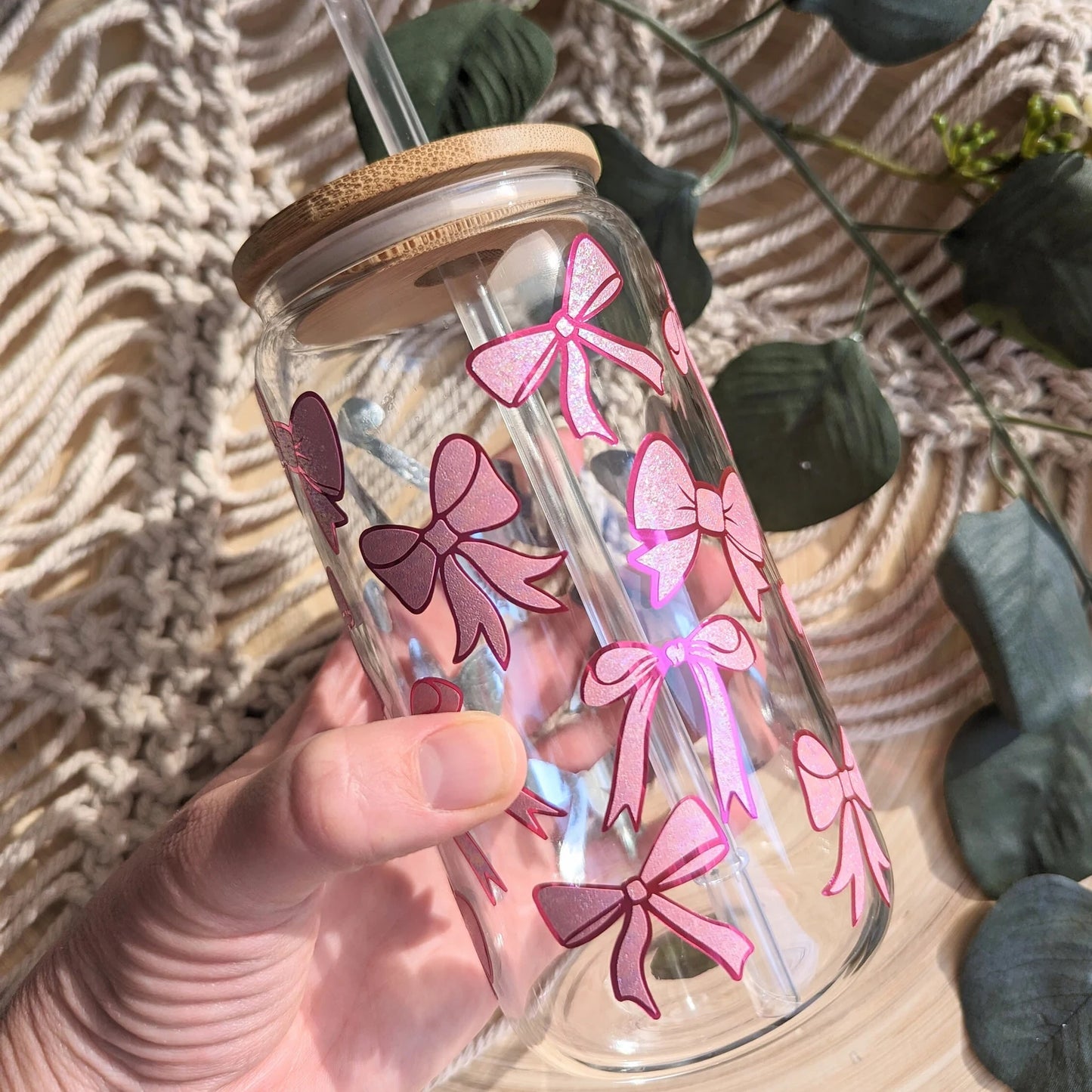 Pretty Pink Bows 16oz glass can