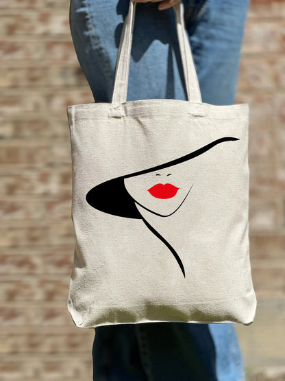 Woman Red Lip with Hat Tote Bag