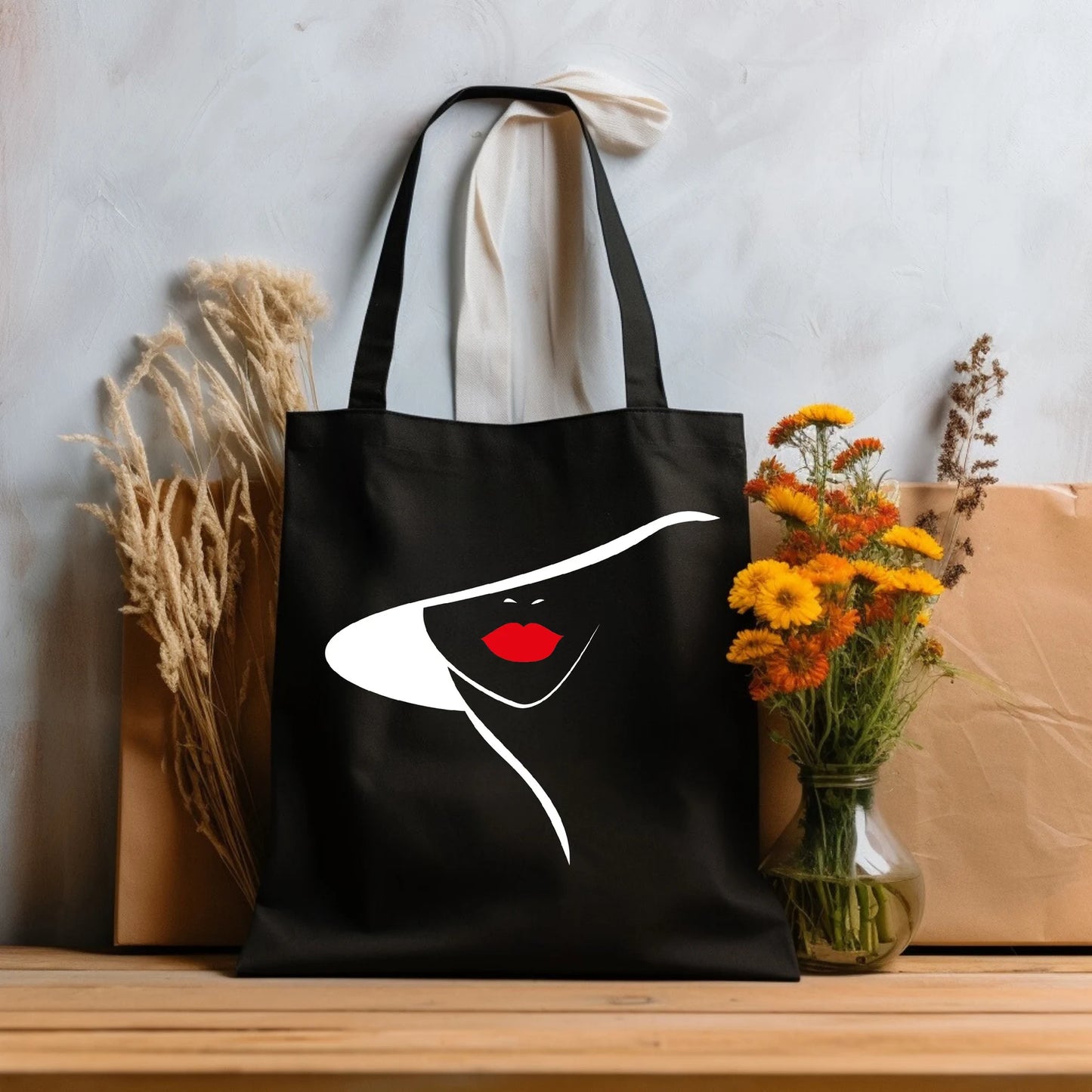 Woman Red Lip with Hat Tote Bag