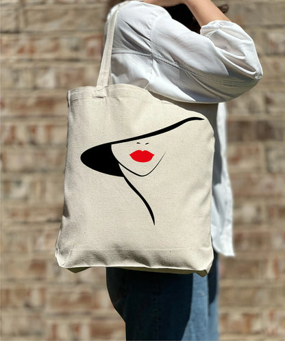 Woman Red Lip with Hat Tote Bag