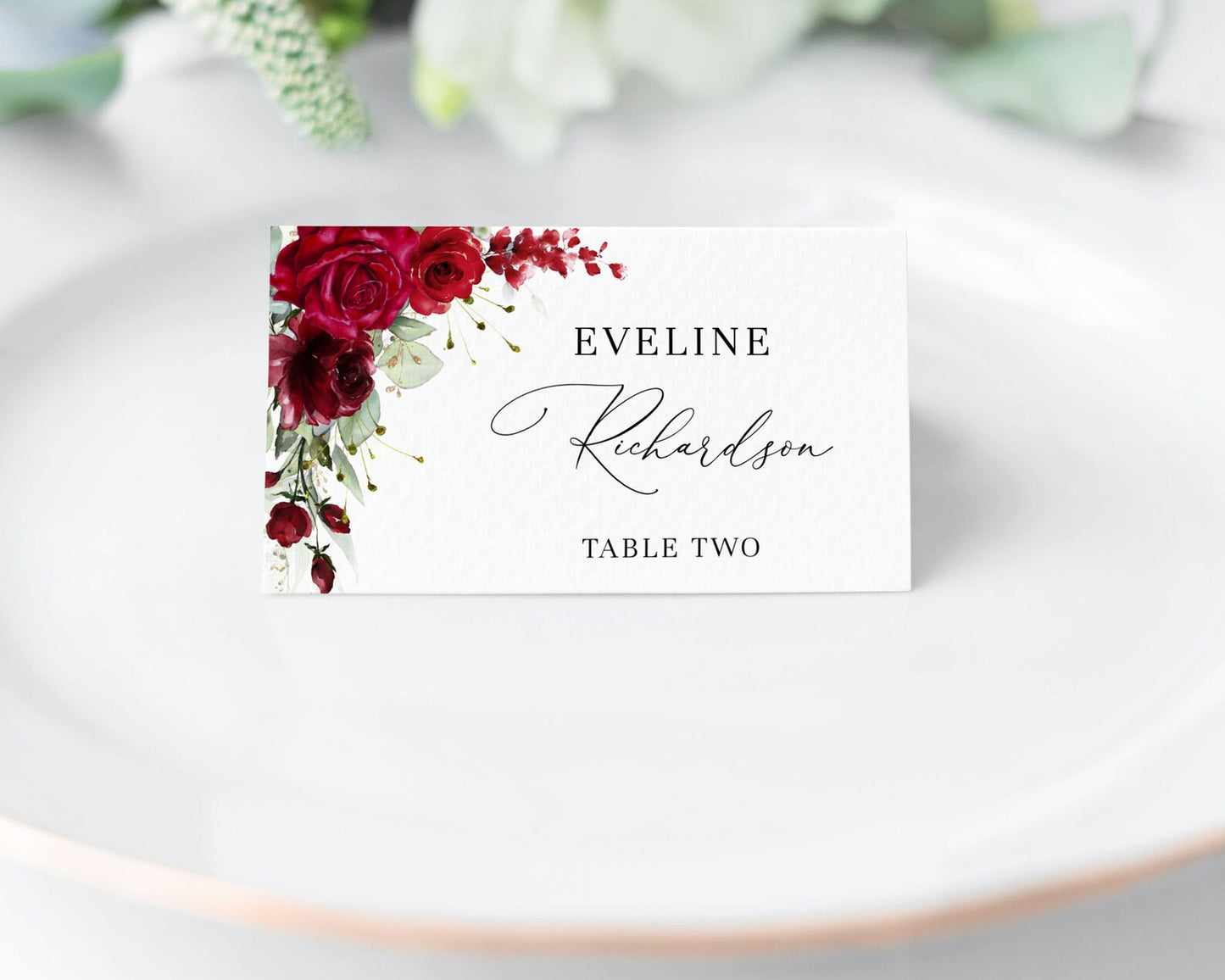 Rustic Boho Deep Red Roses and Gold Greenery Wedding Place Card
