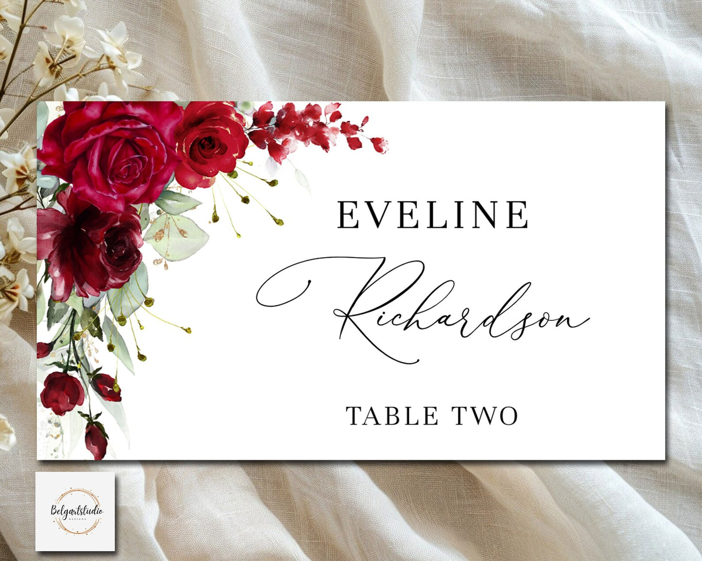 Rustic Boho Deep Red Roses and Gold Greenery Wedding Place Card