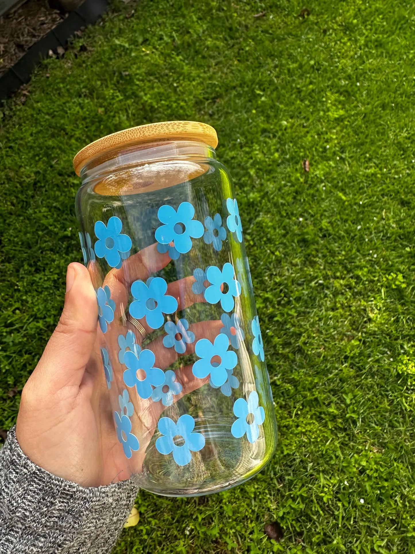 Floral Drinking Glasses with Bamboo Lid and Glass Straw