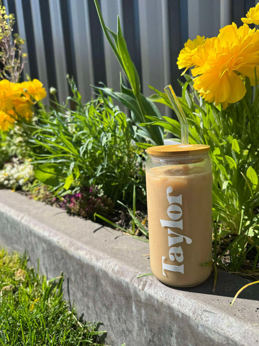 Personalised iced coffee cup with lid and straw