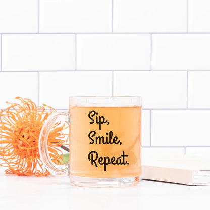 Sip, Smile, Repeat. Personalised Glass Mug