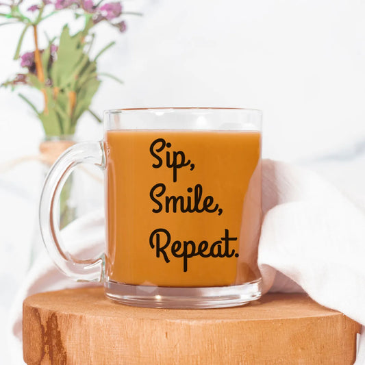 Sip, Smile, Repeat. Personalised Glass Mug