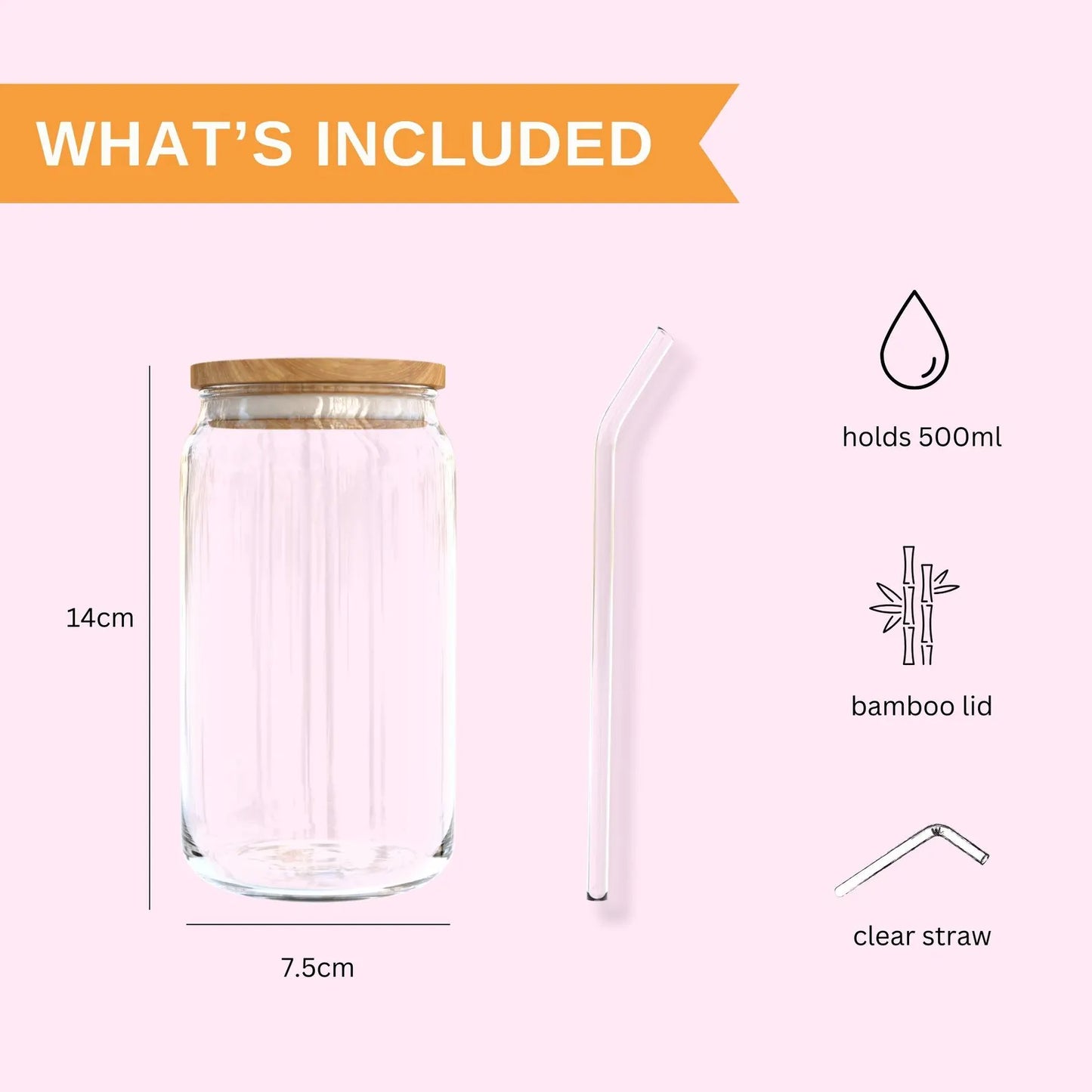 Cute bow 16oz glass can cup with bamboo lid and glass straw.