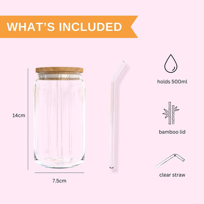 Cute bow 16oz glass can cup with bamboo lid and glass straw.