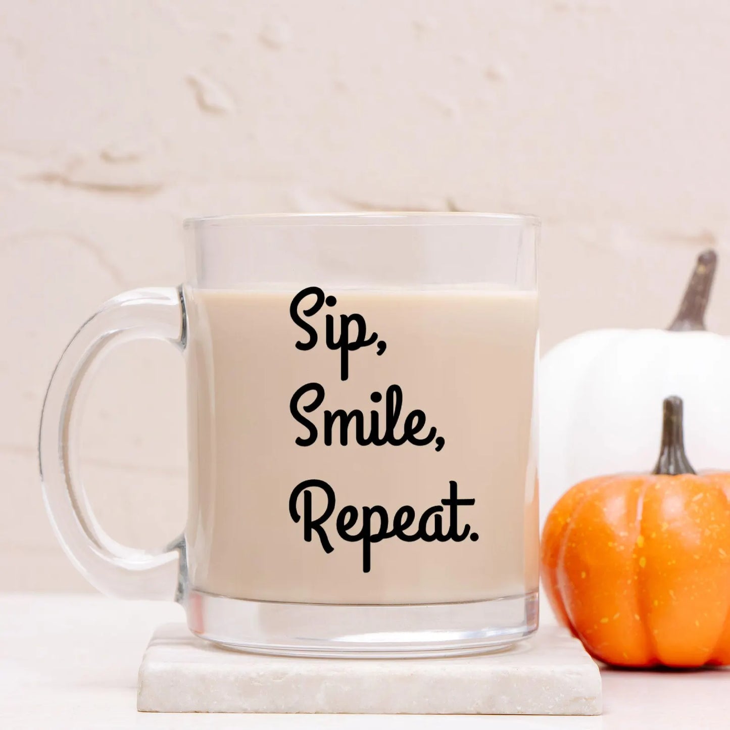 Sip, Smile, Repeat. Personalised Glass Mug