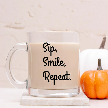 Sip, Smile, Repeat. Personalised Glass Mug