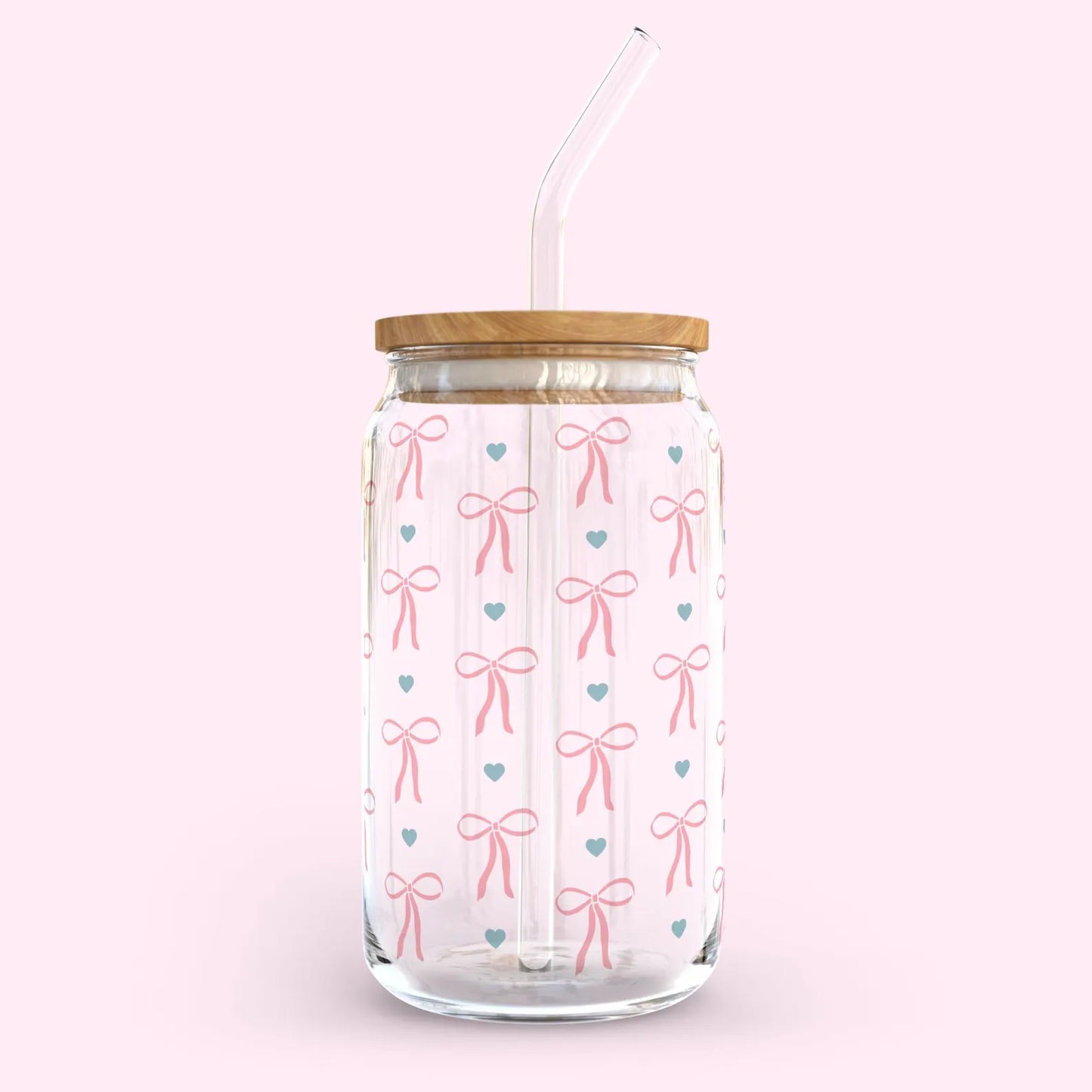 Cute bow 16oz glass can cup with bamboo lid and glass straw.