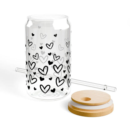 Hearts Glass Cup With Lid And Straw