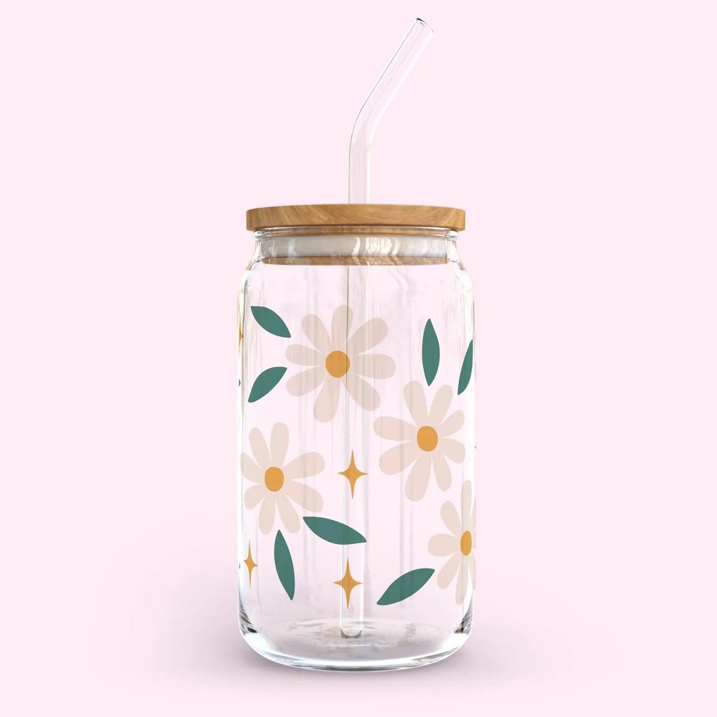 Daisy Dreams 16oz glass can cup with bamboo lid and glass straw