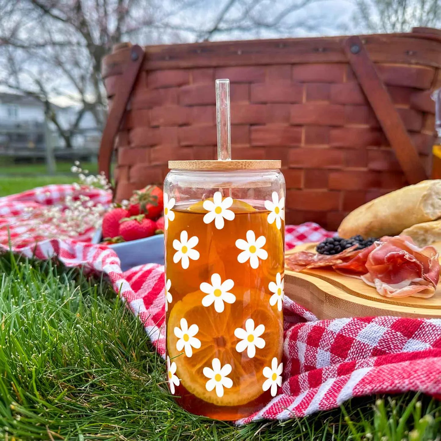 White Daisy 16oz glass can cup