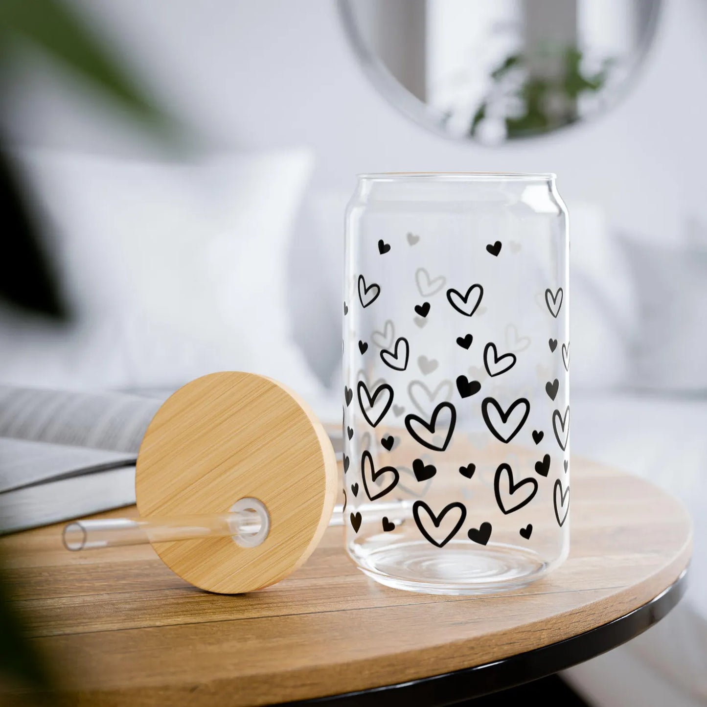 Hearts Glass Cup With Lid And Straw