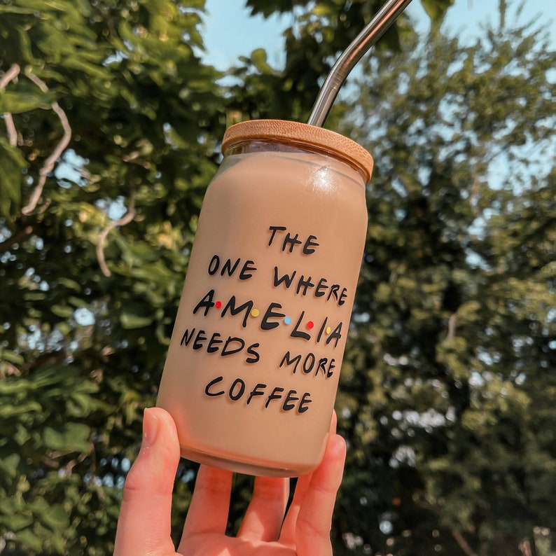 Personalised Drinking Glasses with Bamboo Lids and Glass Straw